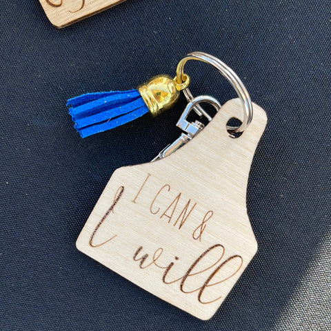 Wood Engraved Cow Tag Keychain