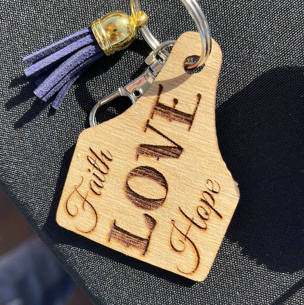 Wood Engraved Cow Tag Keychain