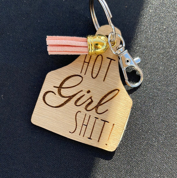 Wood Engraved Cow Tag Keychain