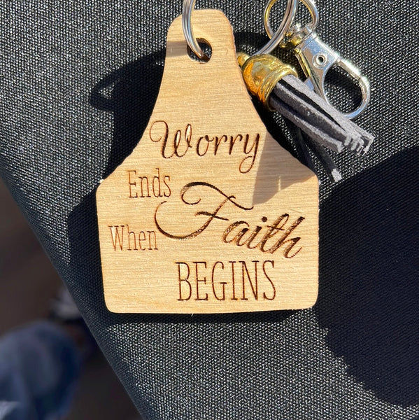 Wood Engraved Cow Tag Keychain