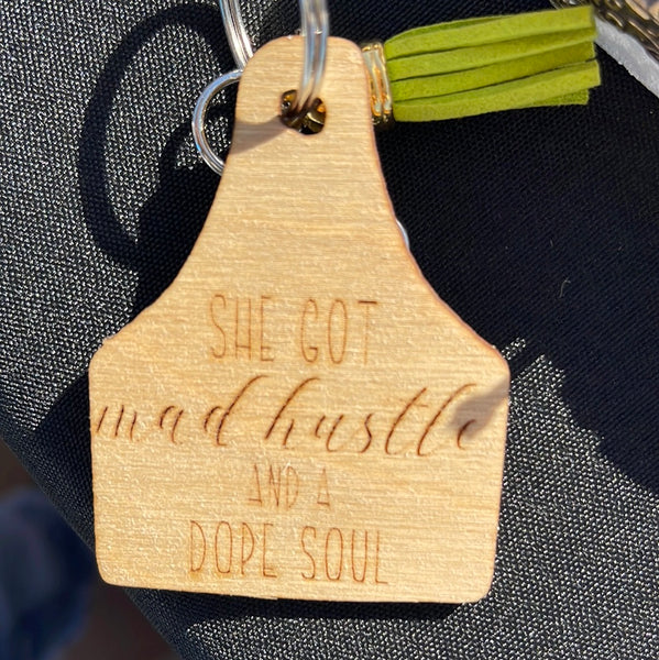 Wood Engraved Cow Tag Keychain