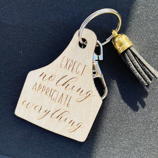 Wood Engraved Cow Tag Keychain