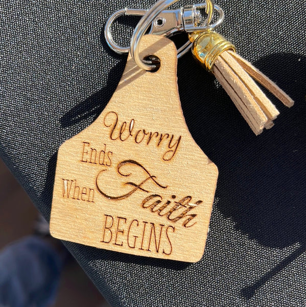 Wood Engraved Cow Tag Keychain