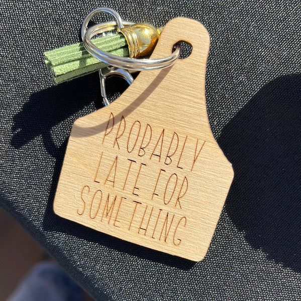 Wood Engraved Cow Tag Keychain