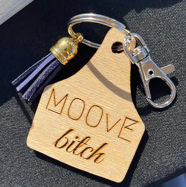 Wood Engraved Cow Tag Keychain